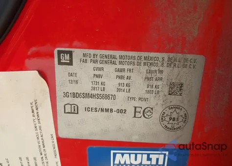 2017 Chevrolet Cruze Lt Manual z USA, uszkodzony, nr VIN 3G1BD6SM4HS568670